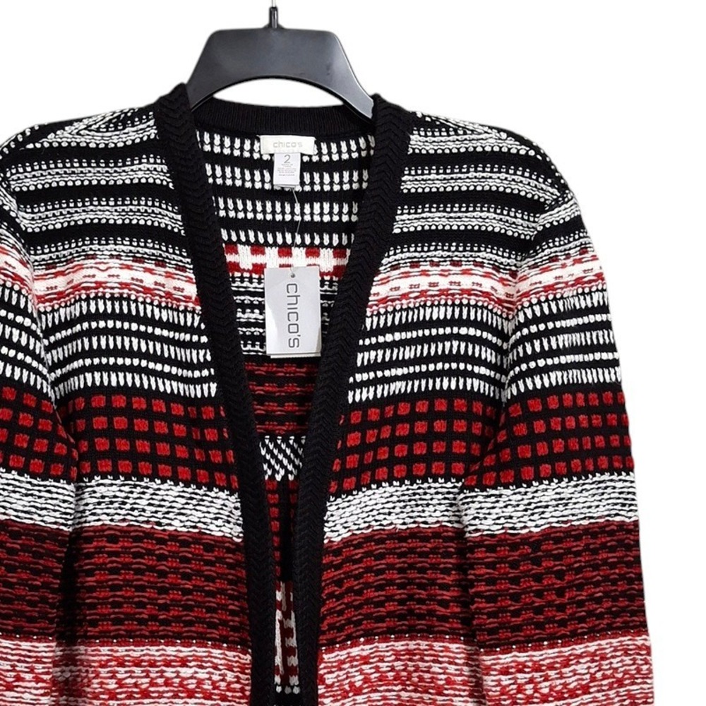 Chicos Artisan Camille Cardigan 2 L 12 Red Black Striped Cropped Open Front NEW